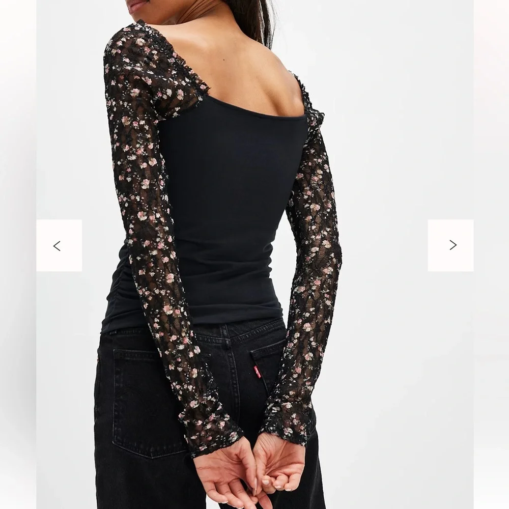 FREE PEOPLE JOSIE FLORAL YOKE LONG SLEEVE TOP SMALL BLACK PINK